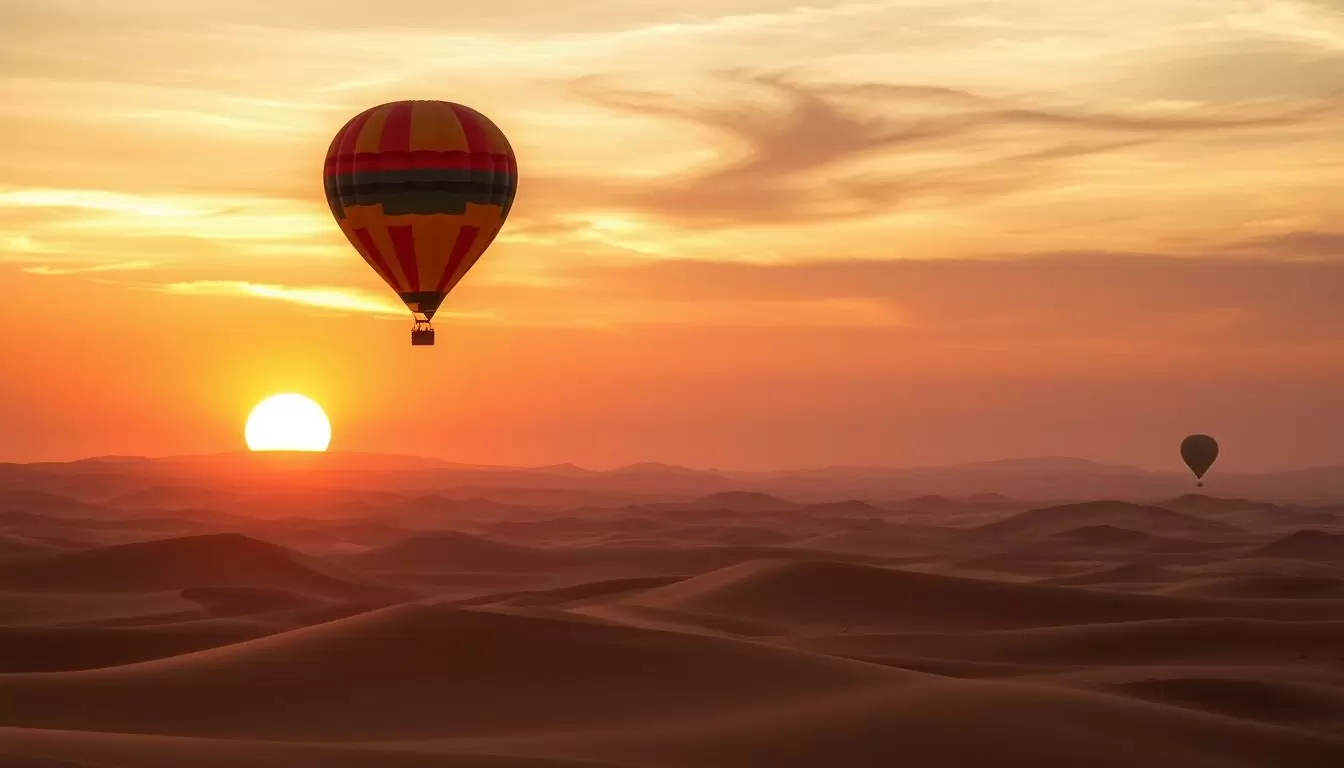 Hot air balloon ride at sunrise over Dubai desert